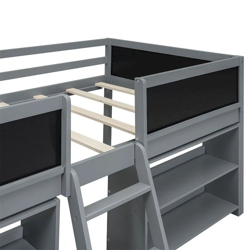Twin Size Low Loft Bed with Two Movable Shelves and Ladder