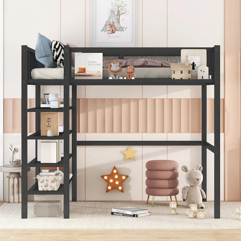 Twin Size Metal Loft Bed with 4-Tier Shelves and Storage