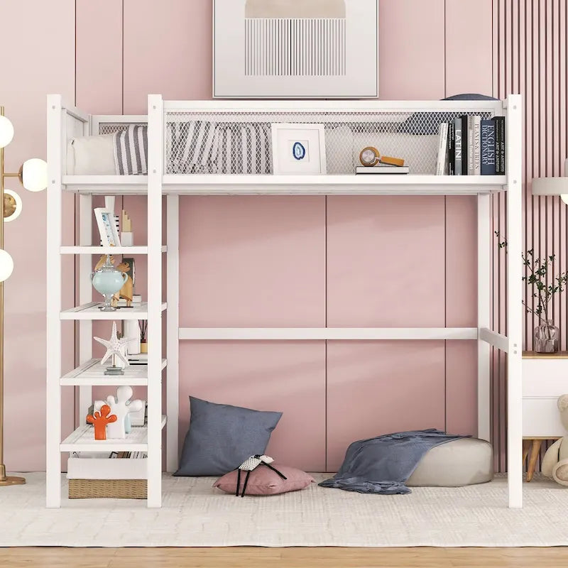 Twin Size Metal Loft Bed with 4-Tier Shelves and Storage