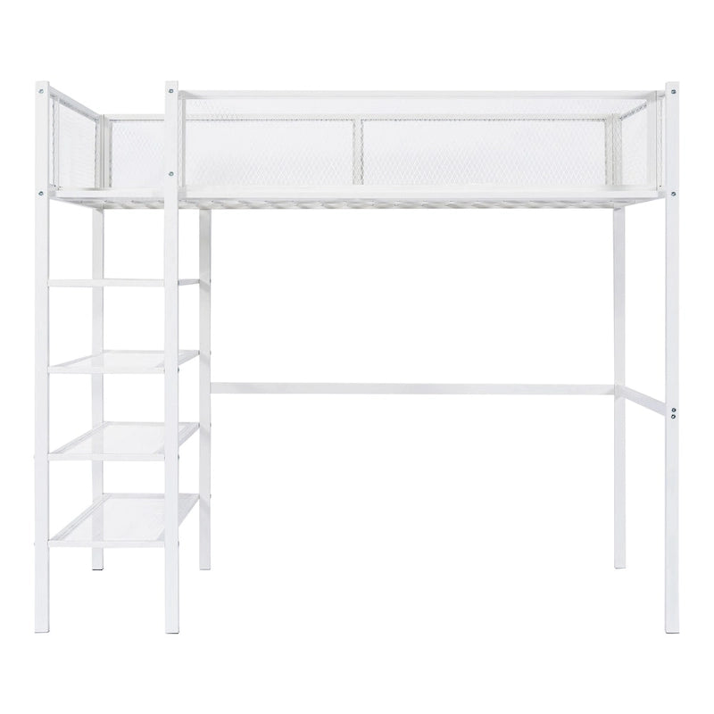 Twin Size Metal Loft Bed with 4-Tier Shelves and Storage