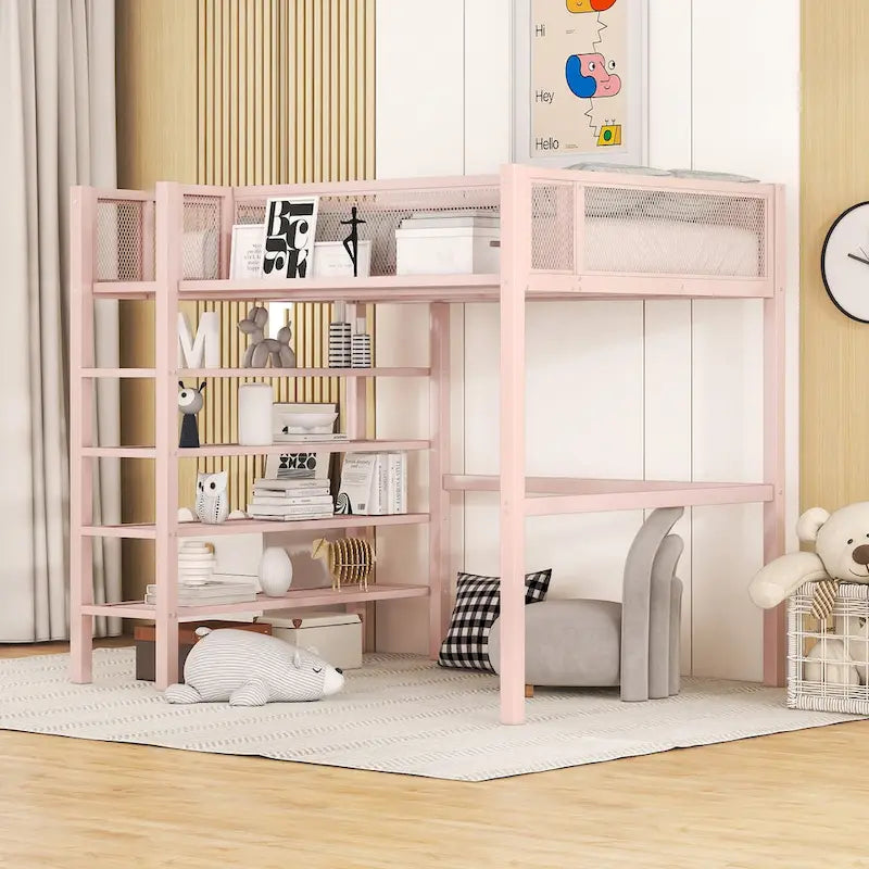 Twin Size Metal Loft Bed with 4-Tier Shelves and Storage