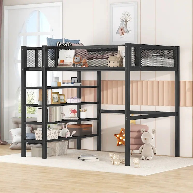 Twin Size Metal Loft Bed with 4-Tier Shelves and Storage