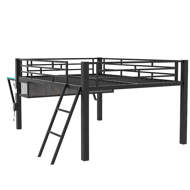 Full Size Gaming Mid Loft Bed with Desk, LED
