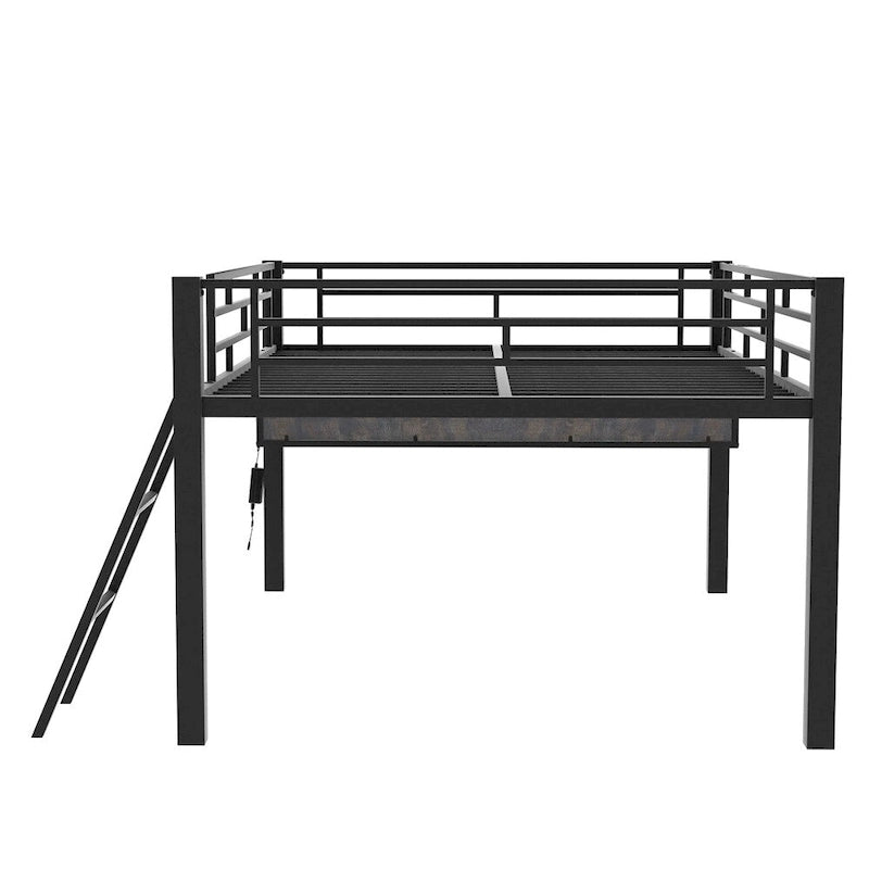 Full Size Gaming Mid Loft Bed with Desk, LED