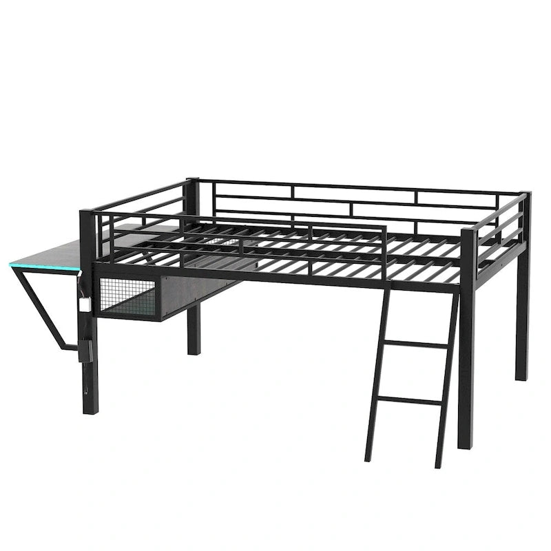 Full Size Gaming Mid Loft Bed with Desk, LED