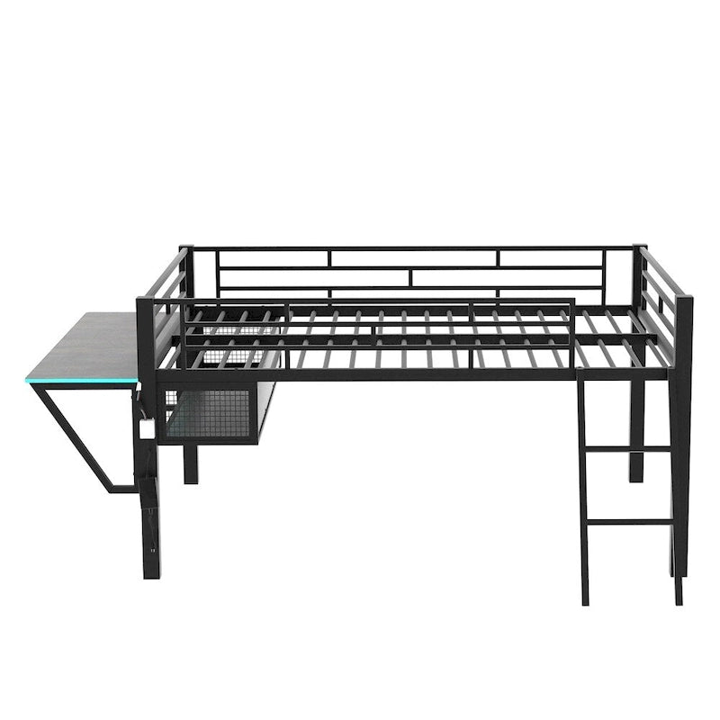 Full Size Gaming Mid Loft Bed with Desk, LED