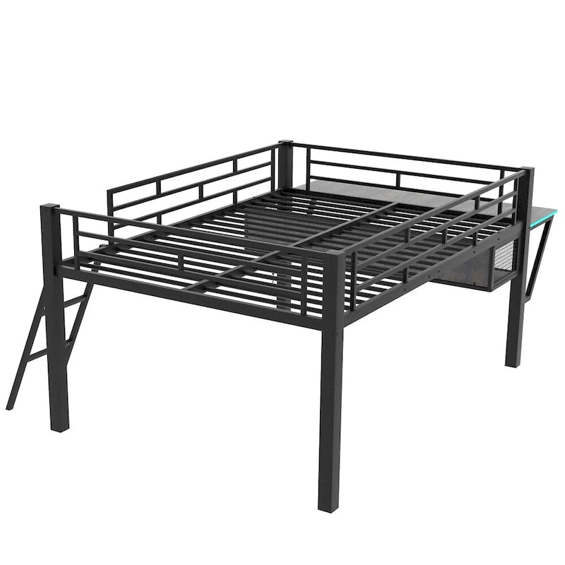Full Size Gaming Mid Loft Bed with Desk, LED