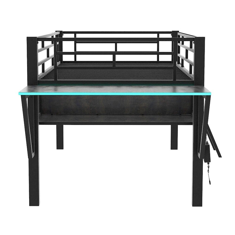 Twin Size Gaming Mid Loft Bed with Desk, LED