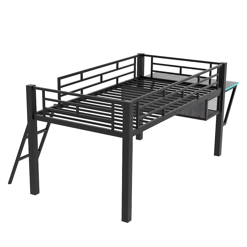 Twin Size Gaming Mid Loft Bed with Desk, LED