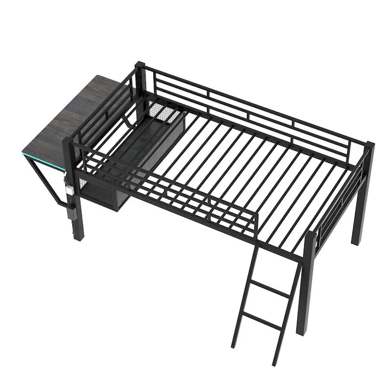 Twin Size Gaming Mid Loft Bed with Desk, LED
