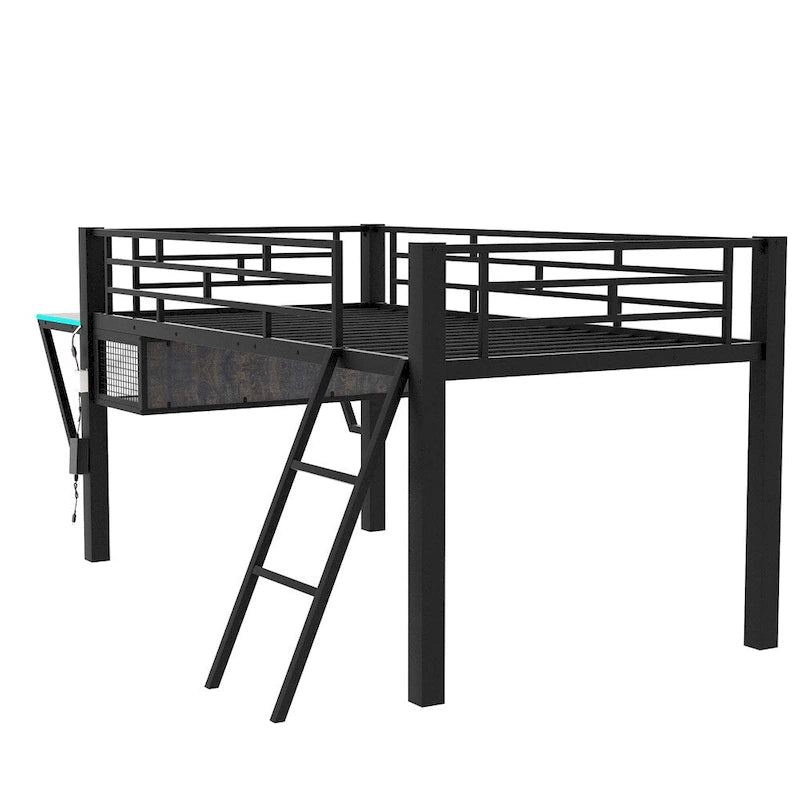 Twin Size Gaming Mid Loft Bed with Desk, LED
