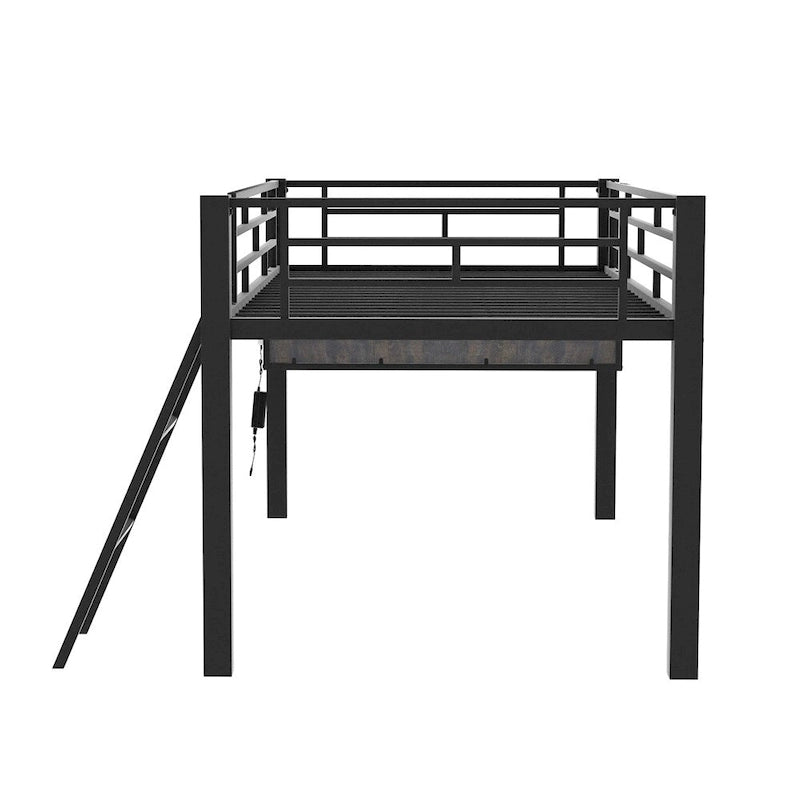 Twin Size Gaming Mid Loft Bed with Desk, LED