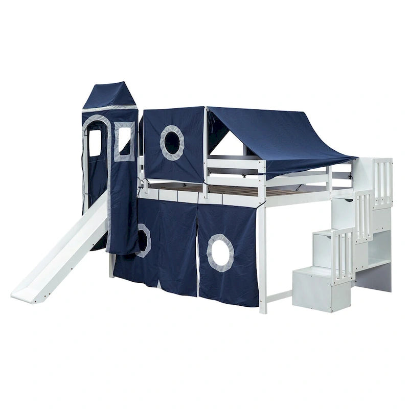 Full Size Pine Wood Loft Bed with Storage Staircase, Slide, Tent, Tower, Guardrail
