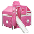 Pink Full Size Pine Wood Loft Bed with Storage Staircase, Slide, Tent, Tower, Guardrail