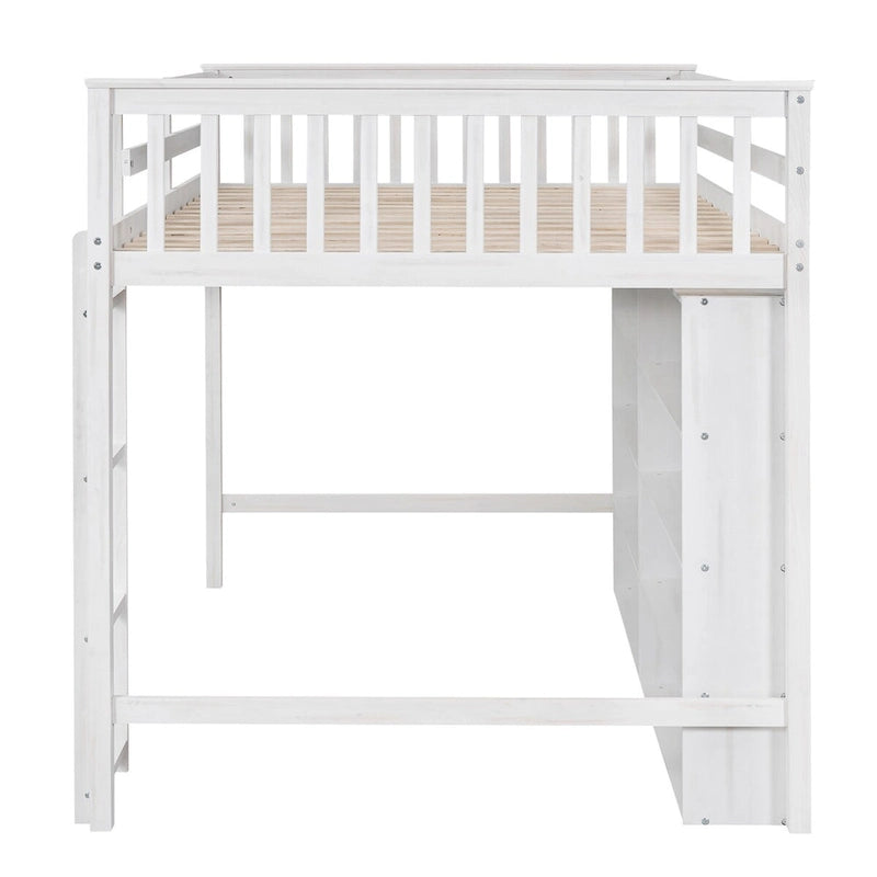 Full Loft Bed with Storage Shelves, Wood Loft Beds Frame with Bookcase, High Loft Bed with Ladder for Kids Boys Girls Teens