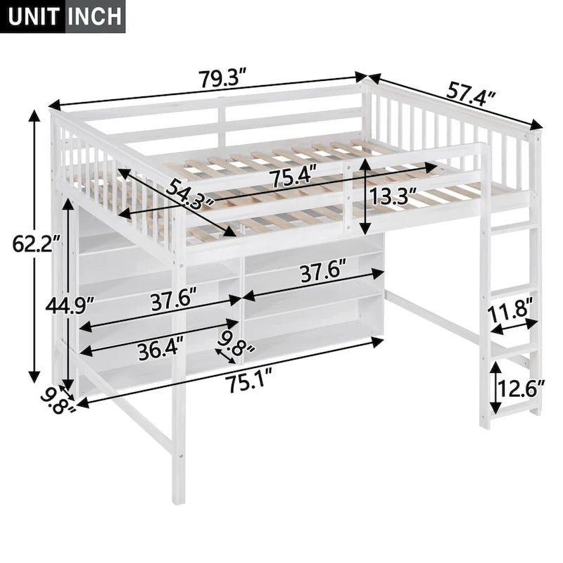 Full Loft Bed with Storage Shelves, Wood Loft Beds Frame with Bookcase, High Loft Bed with Ladder for Kids Boys Girls Teens