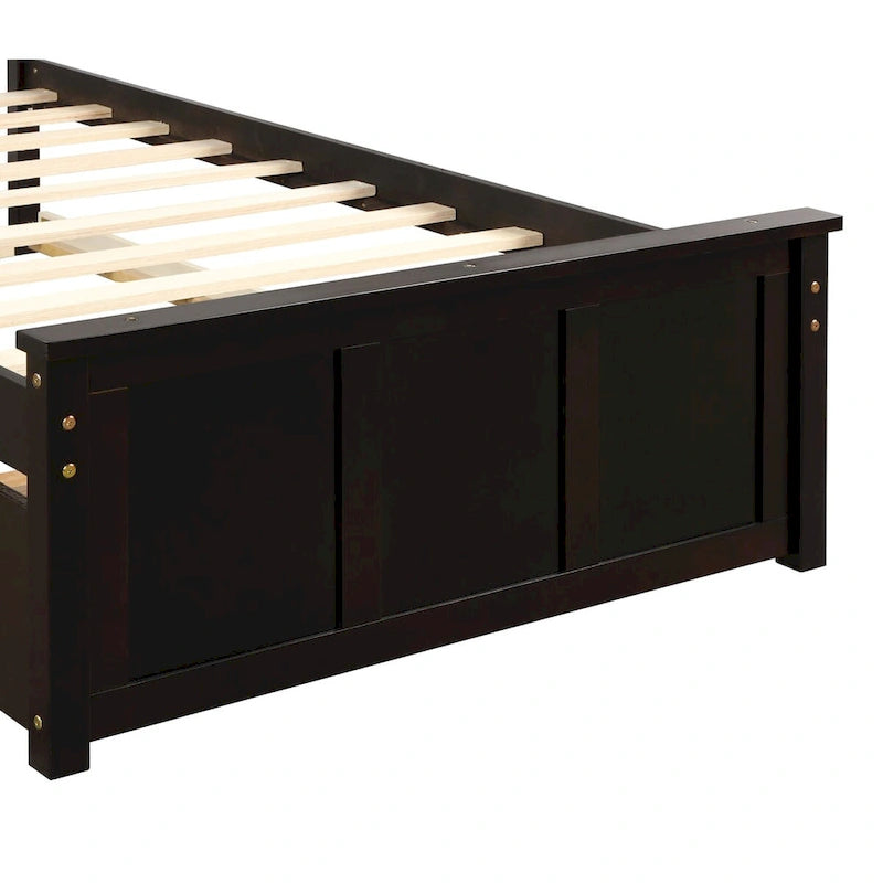 Twin Size Platform Bed with Pull-Out Trundle, Crafted from Solid Wood, Features a Space-Saving Design