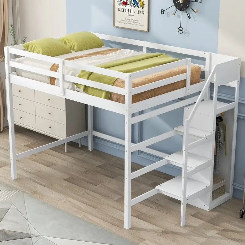 Wooden Full Size Loft Bed with Built-in Storage Wardrobe and Staircase