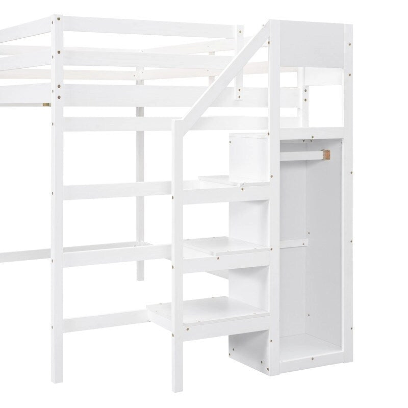 Wooden Full Size Loft Bed with Built-in Storage Wardrobe and Staircase