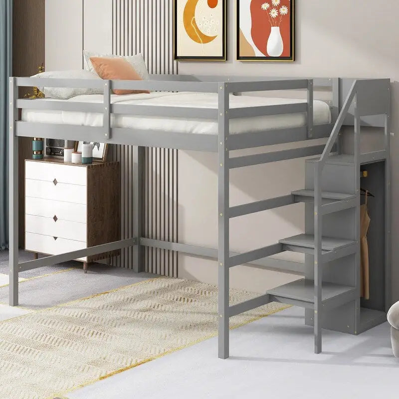 Wooden Full Size Loft Bed with Built-in Storage Wardrobe and Staircase