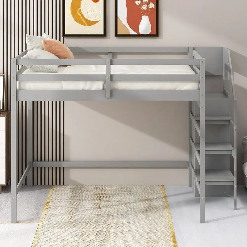 Wooden Full Size Loft Bed with Built-in Storage Wardrobe and Staircase