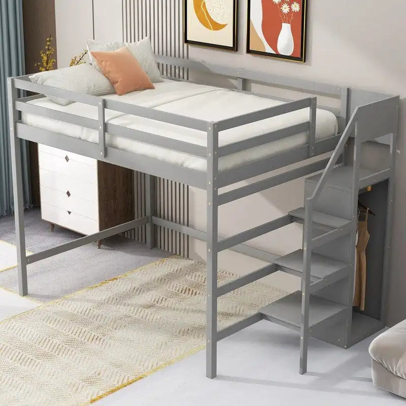 Wooden Full Size Loft Bed with Built-in Storage Wardrobe and Staircase