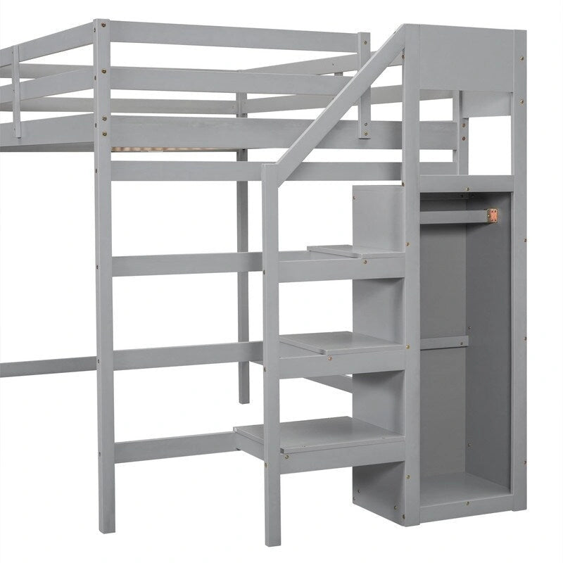 Wooden Full Size Loft Bed with Built-in Storage Wardrobe and Staircase