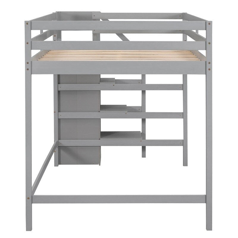 Wooden Full Size Loft Bed with Built-in Storage Wardrobe and Staircase