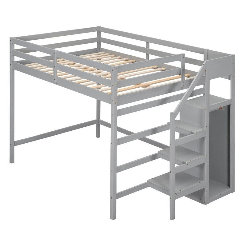 Wooden Full Size Loft Bed with Built-in Storage Wardrobe and Staircase