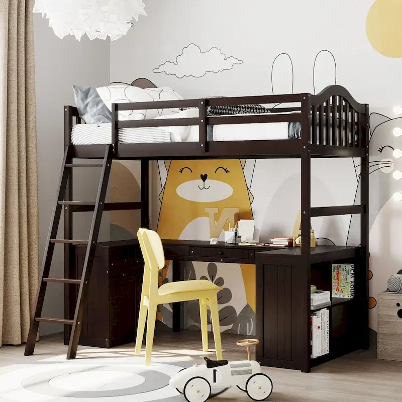 Twin Loft Bed with Drawers, Cabinet, Shelves, and Desk