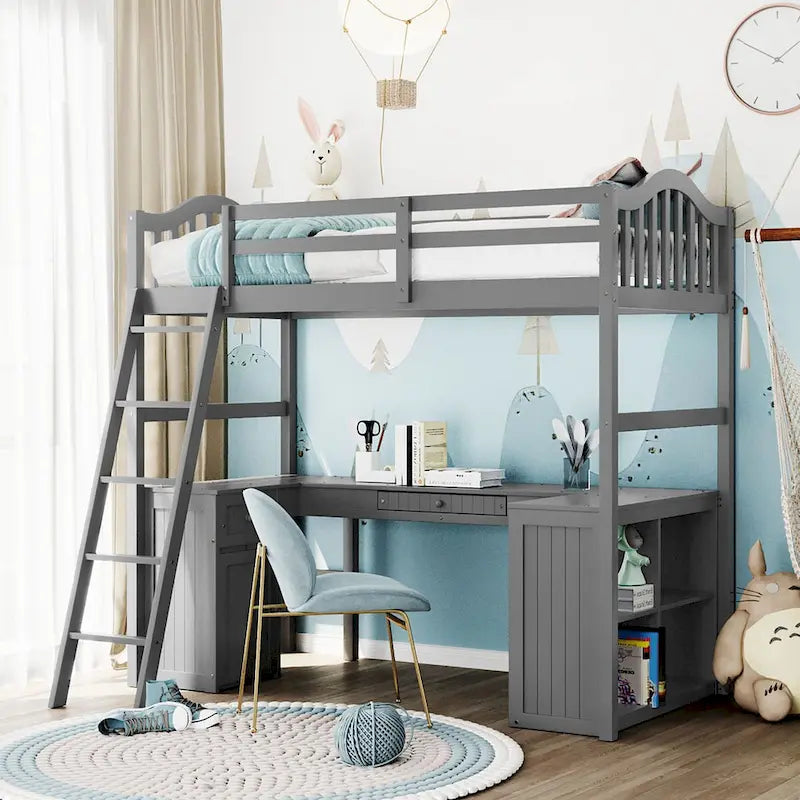 Twin Loft Bed with Drawers, Cabinet, Shelves, and Desk