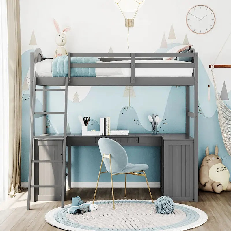 Twin Loft Bed with Drawers, Cabinet, Shelves, and Desk