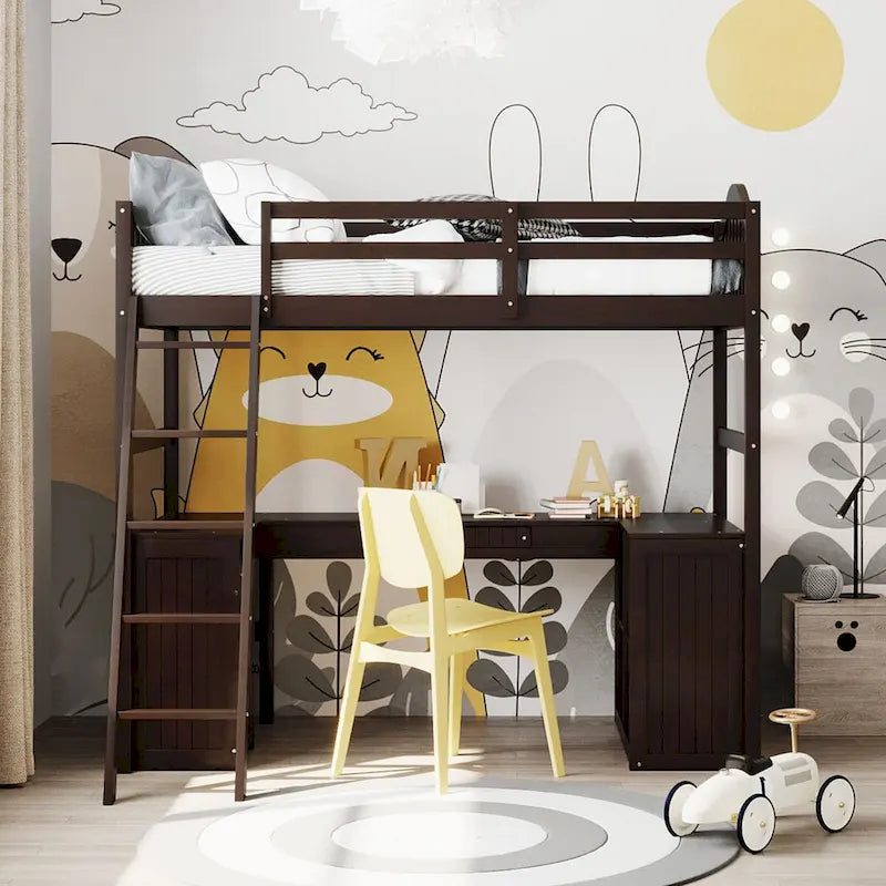 Twin Loft Bed with Drawers, Cabinet, Shelves, and Desk