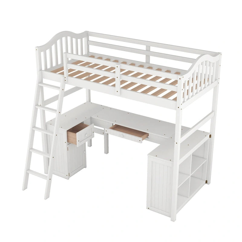 Twin Loft Bed with Drawers, Cabinet, Shelves, and Desk