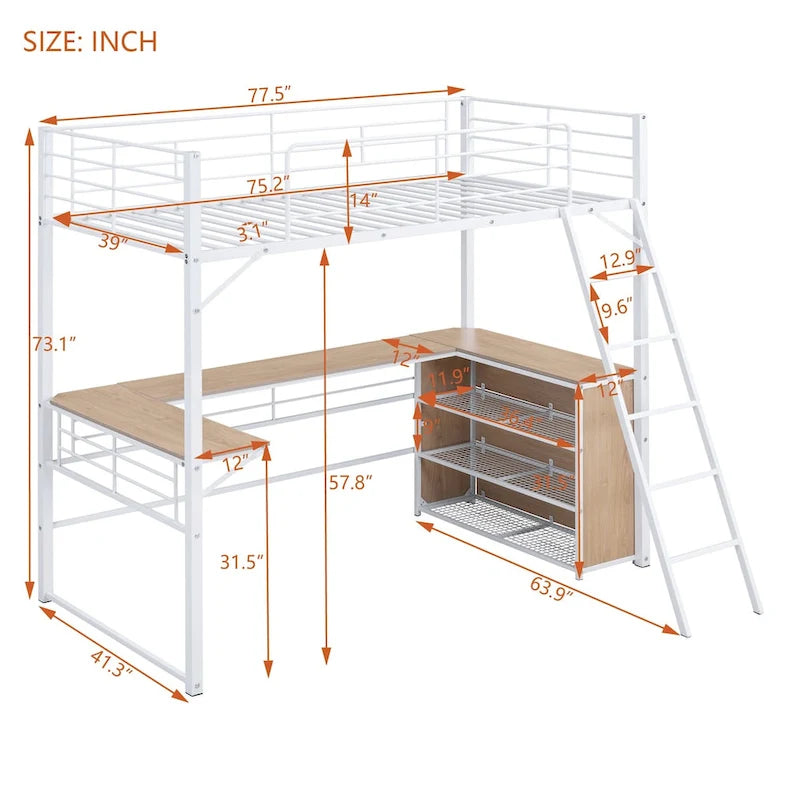 Twin Size Metal Loft Bed with L-shaped Desk and 3 Layers of Shelves, Reversible Ladder