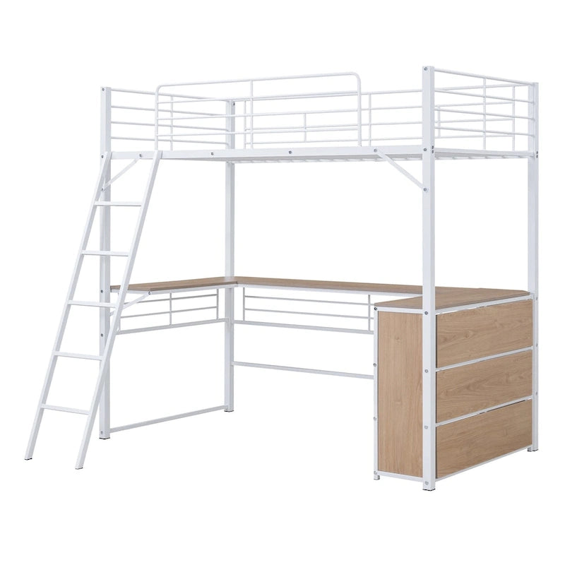 Twin Size Metal Loft Bed with L-shaped Desk and 3 Layers of Shelves, Reversible Ladder