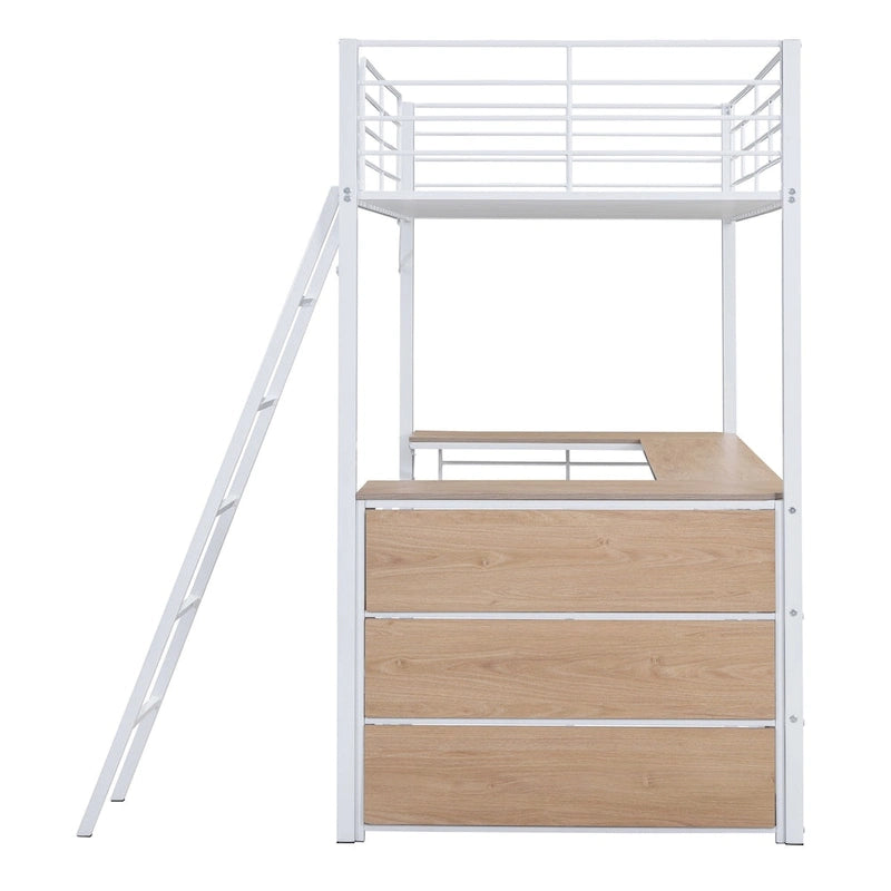 Twin Size Metal Loft Bed with L-shaped Desk and 3 Layers of Shelves, Reversible Ladder