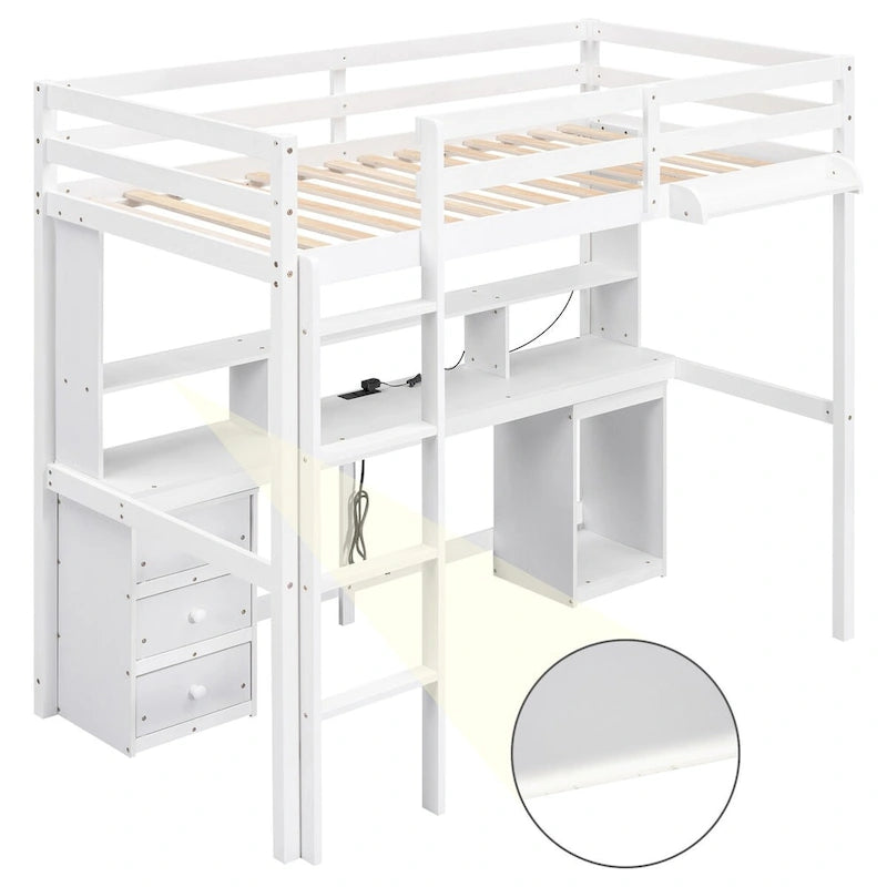 Twin/Full Size Loft Bed with Multi-storage Desk, LED light and Bedside Tray, Charging Station, White