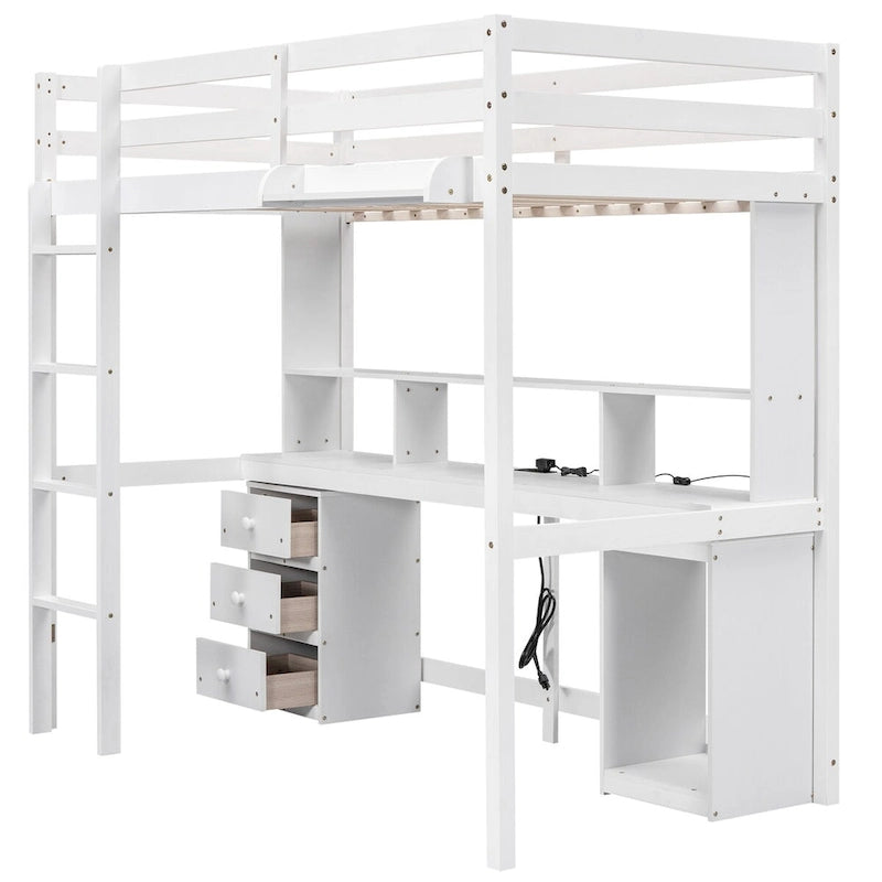 Twin/Full Size Loft Bed with Multi-storage Desk, LED light and Bedside Tray, Charging Station, White