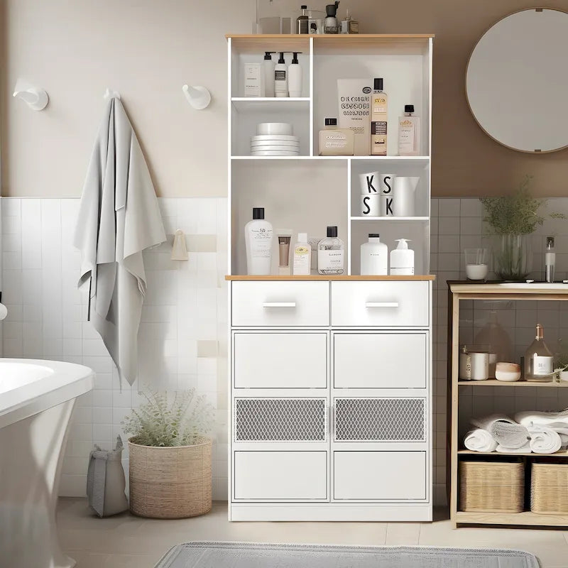 72 Height Freestanding Linen Tower Cabinet Tall Large Floor Storage Cabinet for Home Kitchen Bathroom Living Room White