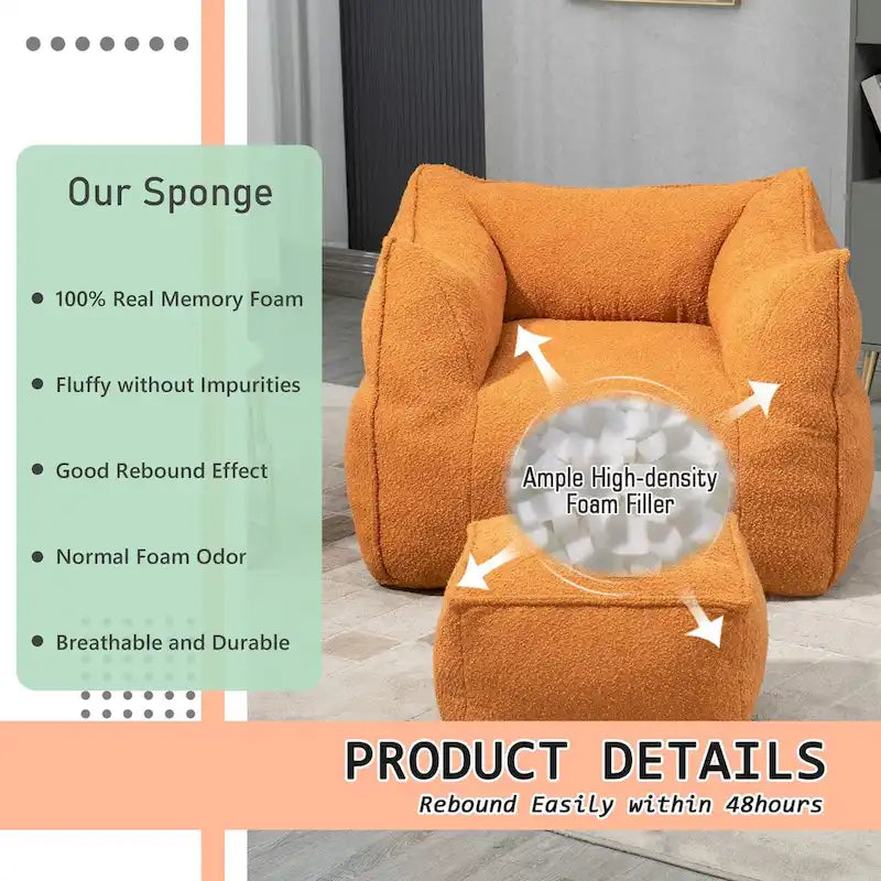 Boucle Upholstered Deep Seat Armless Square Bean Bag Chair with Ottoman