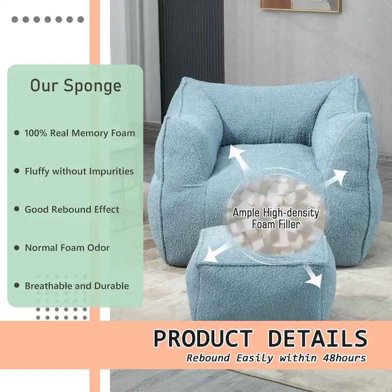 Boucle Upholstered Deep Seat Armless Square Bean Bag Chair with Ottoman
