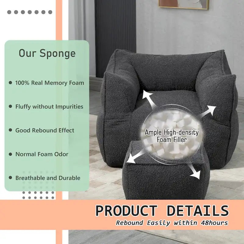Boucle Upholstered Deep Seat Armless Square Bean Bag Chair with Ottoman