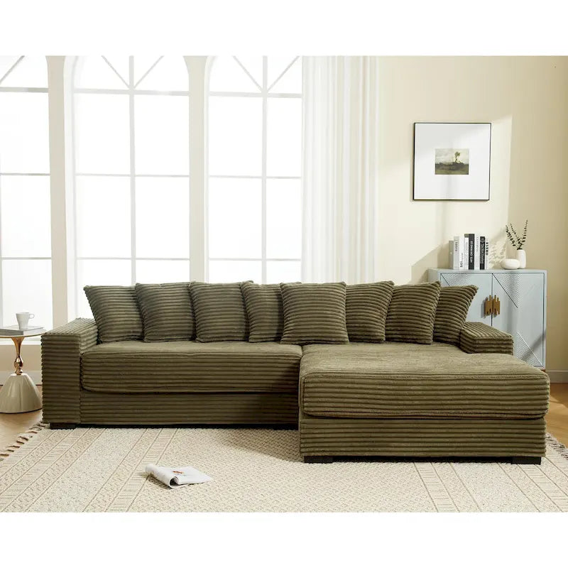 Oversized L Shaped Sofa Corduroy with Chaise Daybed with Armrests and Eight Throw Pillows
