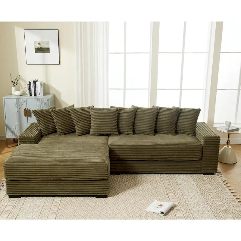 Oversized L Shaped Sofa Corduroy with Chaise Daybed with Armrests and Eight Throw Pillows