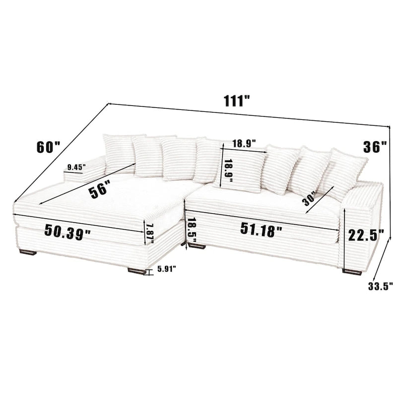 Oversized L Shaped Sofa Corduroy with Chaise Daybed with Armrests and Eight Throw Pillows