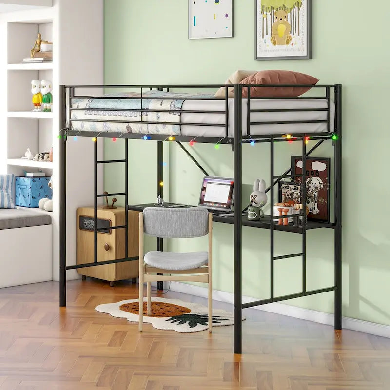 Twin Metal Loft Bed with Desk, Power Outlet and LED Lighted, Safety Guard & Ladder, No Box Spring Needed
