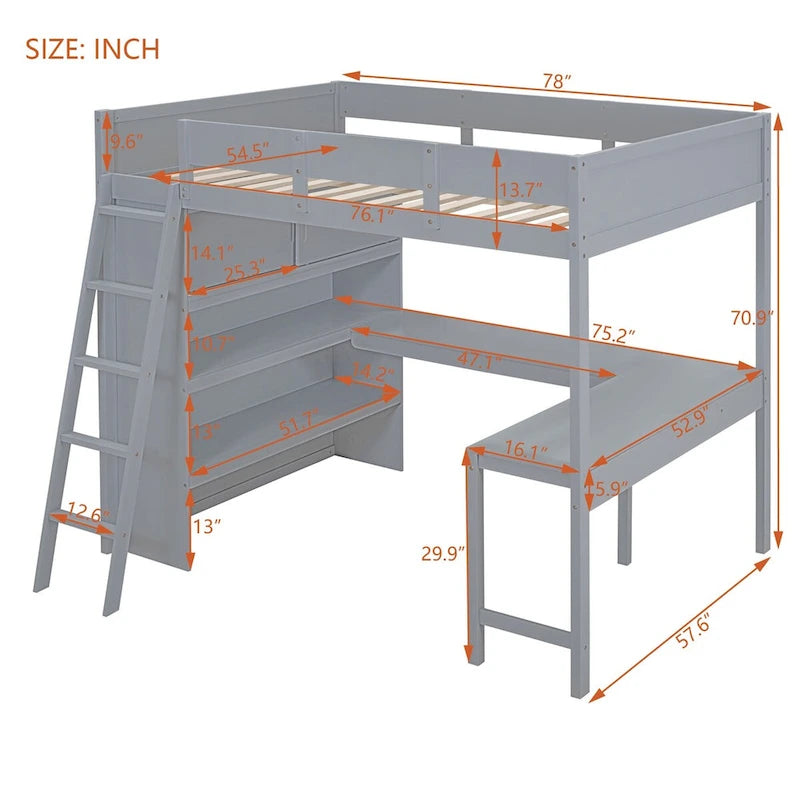 Merax Full Size Loft Bed with Desk and Shelf