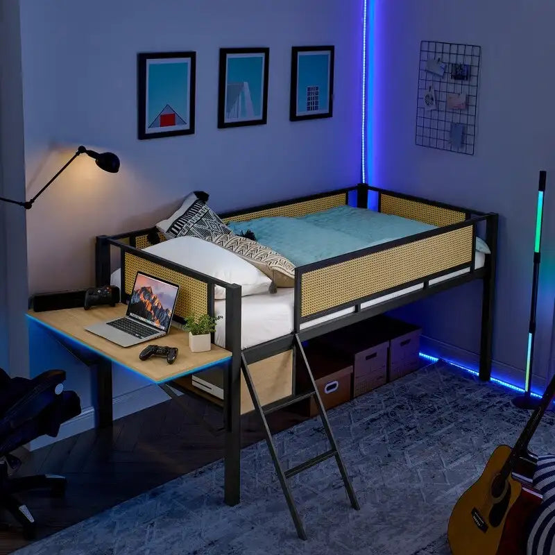 Twin Size Metal Loft Bed with Rectangular Desk, LED lights and Storage Shelves