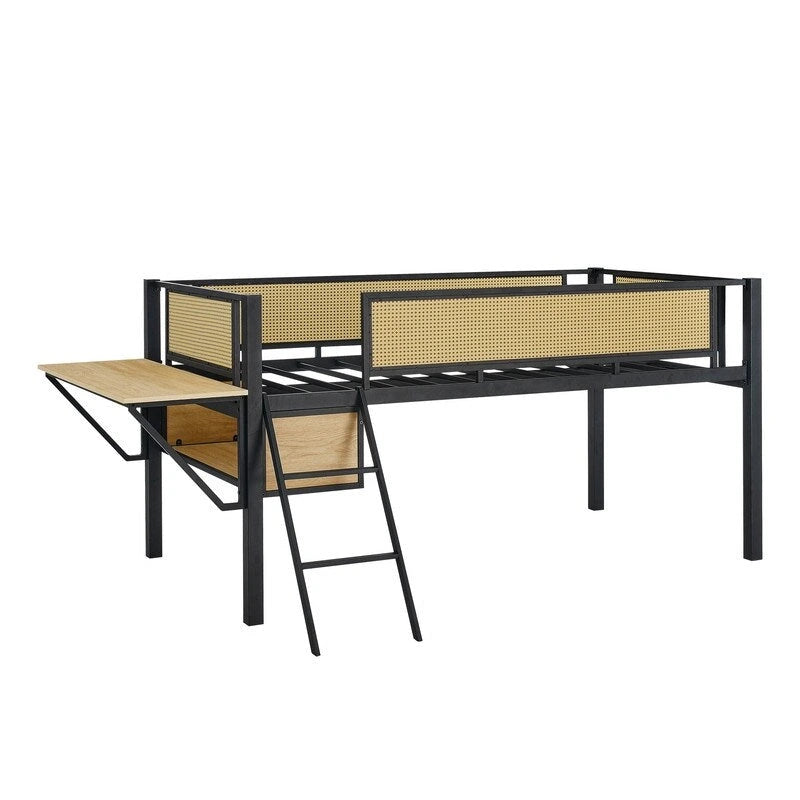 Twin Size Metal Loft Bed with Rectangular Desk, LED lights and Storage Shelves